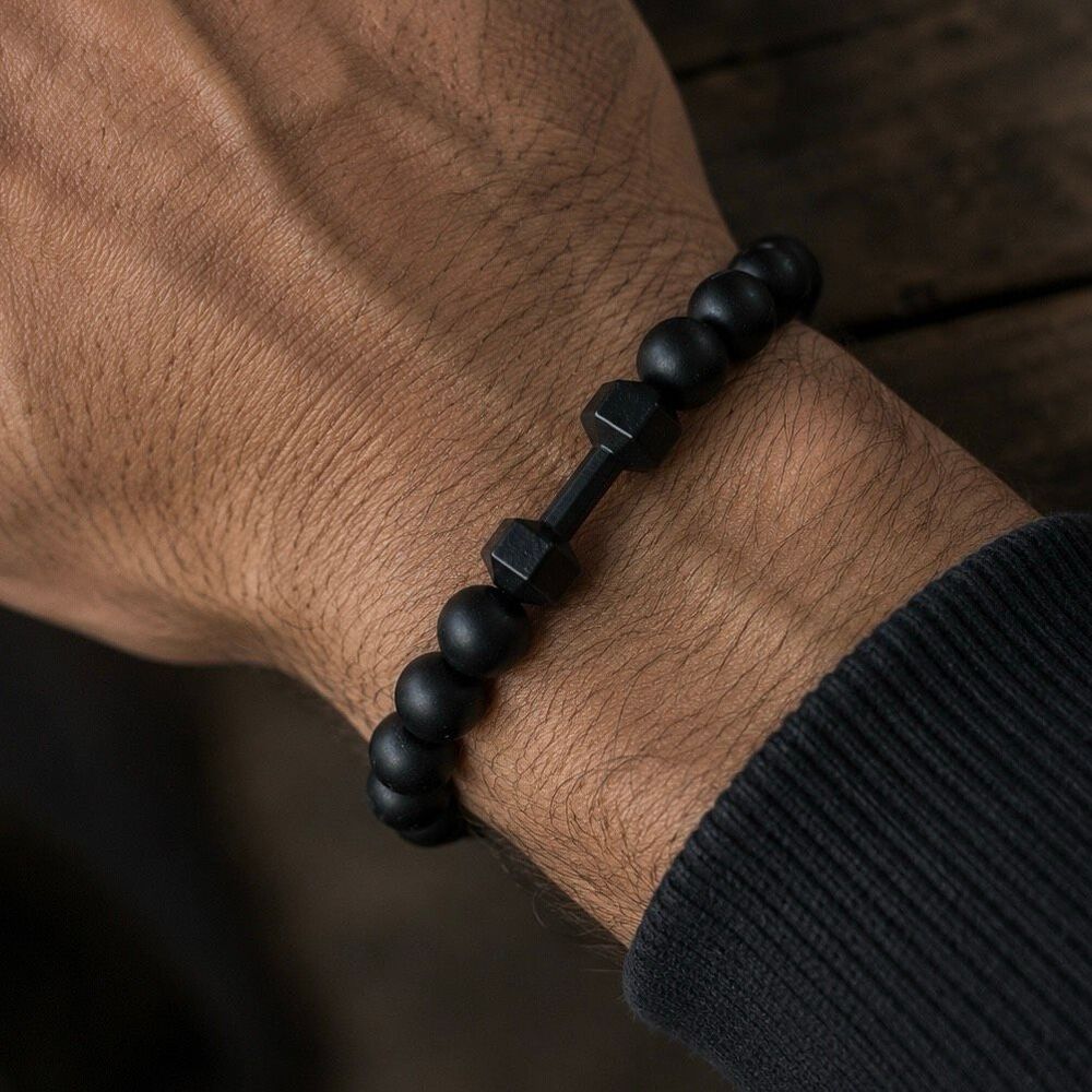 Men’s Black Beaded Dumbbell Stretch Gym Fitness Bracelet